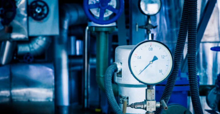 steel pipelines and cables in a plant,Industrial zone.